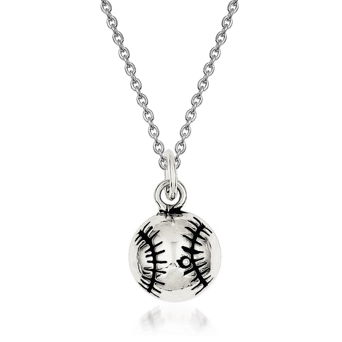 Sterling Silver Antiqued Baseball Charm Necklace. 18&quot;