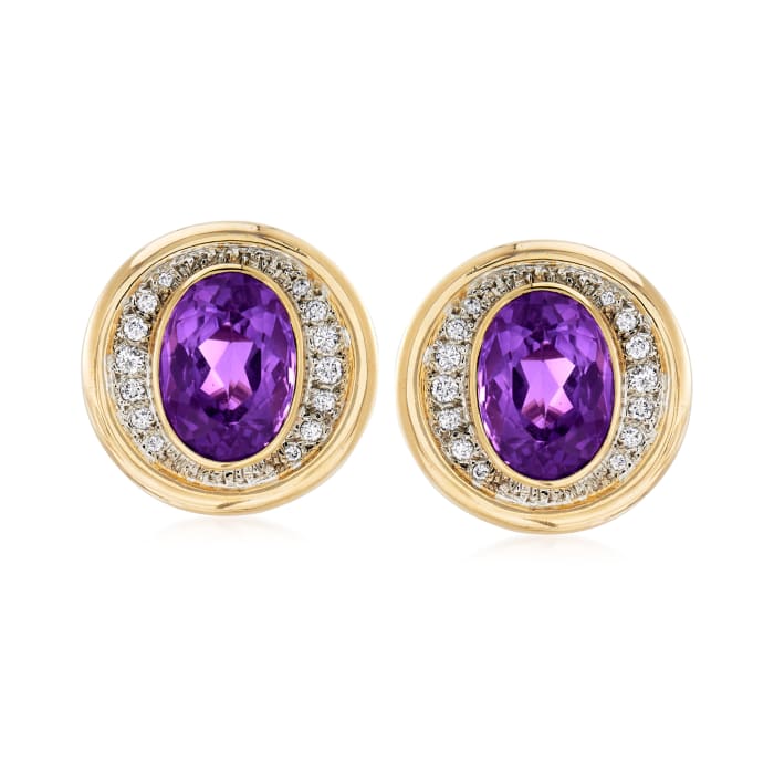 C. 1980 Vintage 11.80 ct. t.w. Amethyst and .50 ct. t.w. Diamond Clip-On Earrings in 14kt Yellow Gold