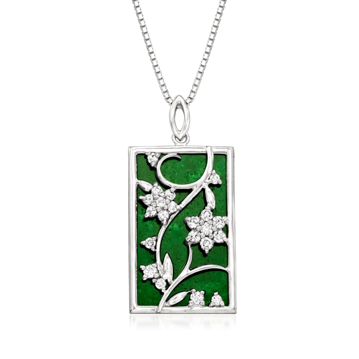 C. 1990 Vintage Jade and .50 ct. t.w. Diamond Floral Pendant Necklace in 18kt White Gold