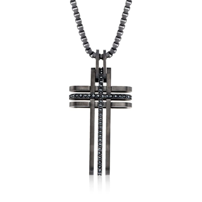 Swarovski Crystal Men's &quot;Bengal&quot; Black Crystal Cross Pendant Necklace in Black Silvertone