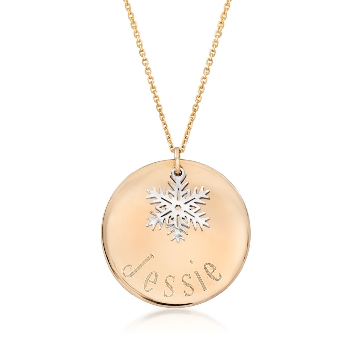 14kt Yellow Gold Personalized Disc Pendant Necklace with Sterling Silver Snowflake