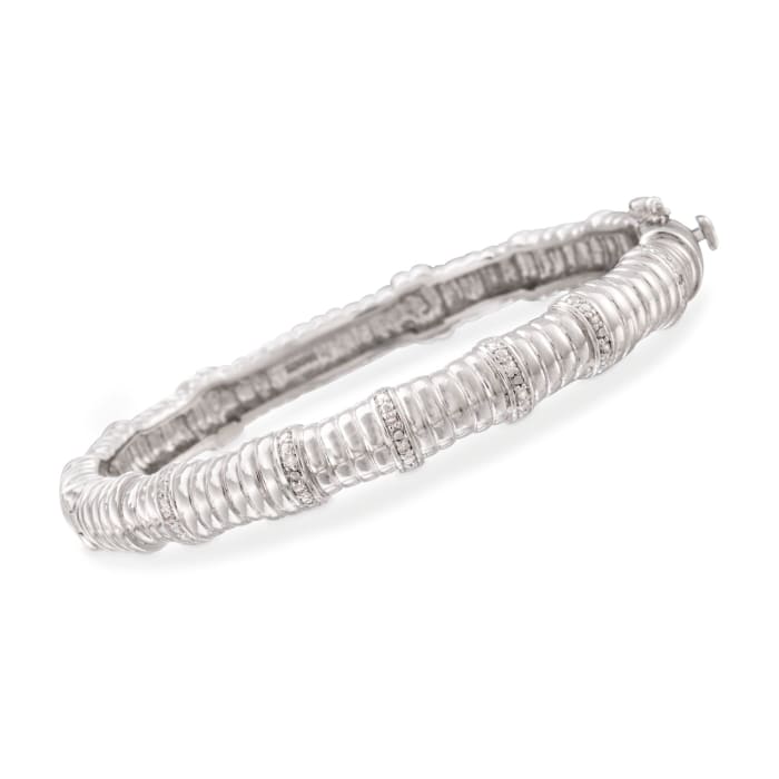 Sterling Silver Ribbed Bangle Bracelet With Diamond Accents