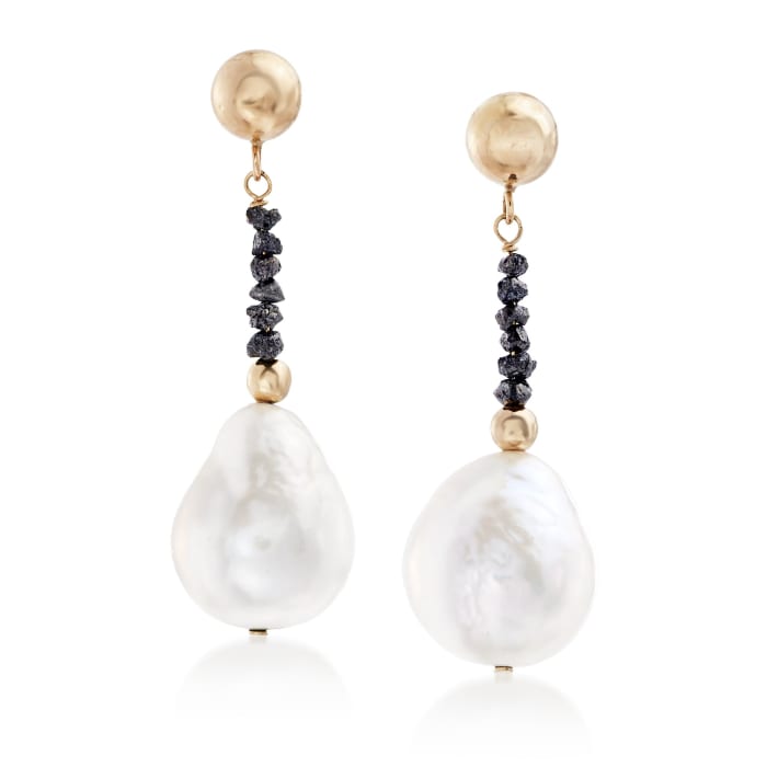 11-12mm Cultured Pearl and .71 ct. t.w. Black Diamond Bead Drop Earrings in 14kt Gold