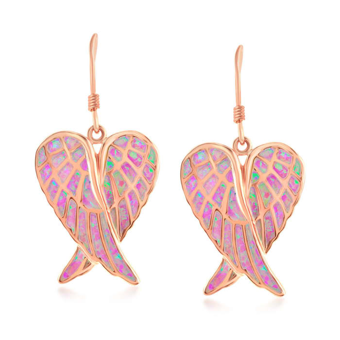 Pink Synthetic Opal Angel Wings Drop Earrings in 18kt Rose Gold Over Sterling