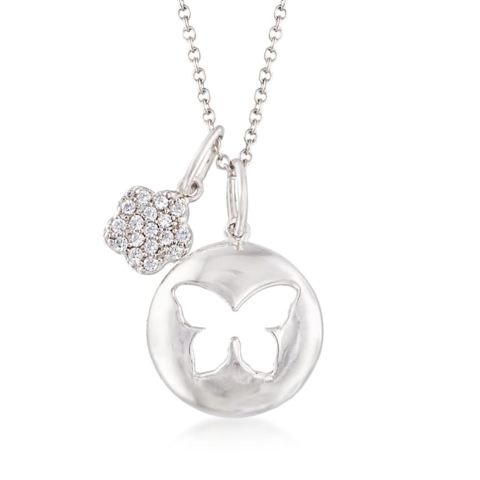 Italian Sterling Silver Butterfly and Flower Charm Necklace with Crystals