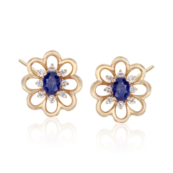 .40 ct. t.w. Sapphire and .15 ct. t.w. Diamond Flower Earrings in 18kt Yellow Gold 
