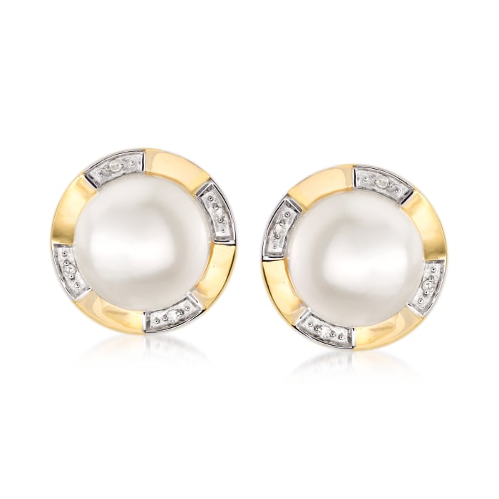 10.5-11mm Cultured Pearl Earrings with Diamond Accents in 14kt Yellow Gold
