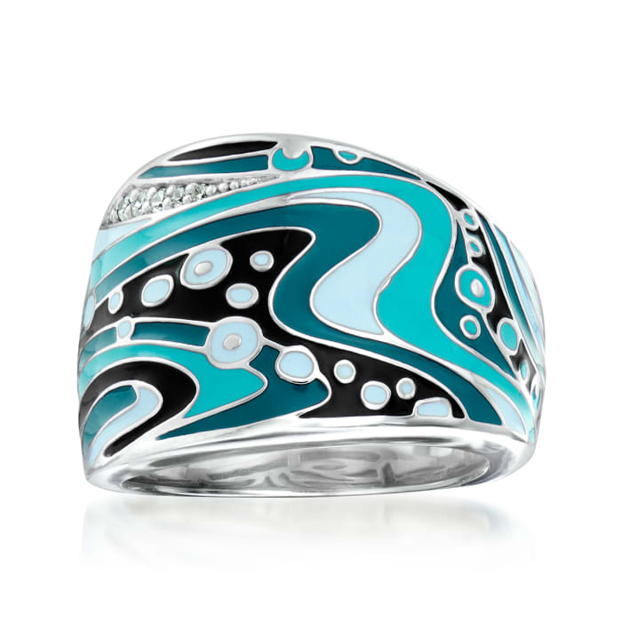 Belle Etoile &quot;Calypso&quot; Turquoise and Multicolored Enamel Ring with CZ Accents in Sterling Silver