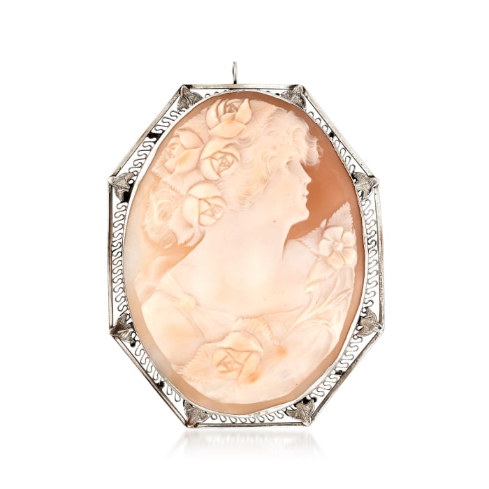 C. 1950 Vintage Pink Shell Cameo Pin Pendant in 14kt White Gold