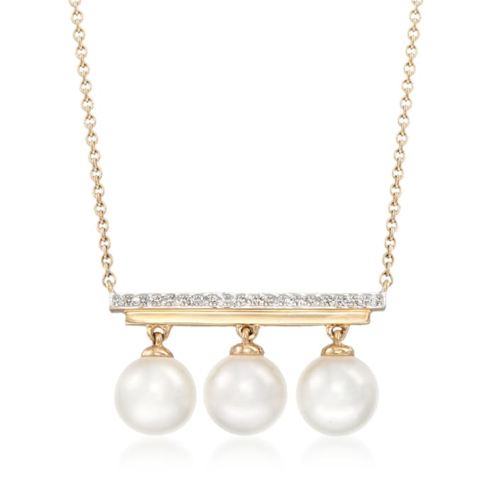 6.5mm Cultured Pearl Bar Necklace with Diamond Accents in 14kt Yellow Gold