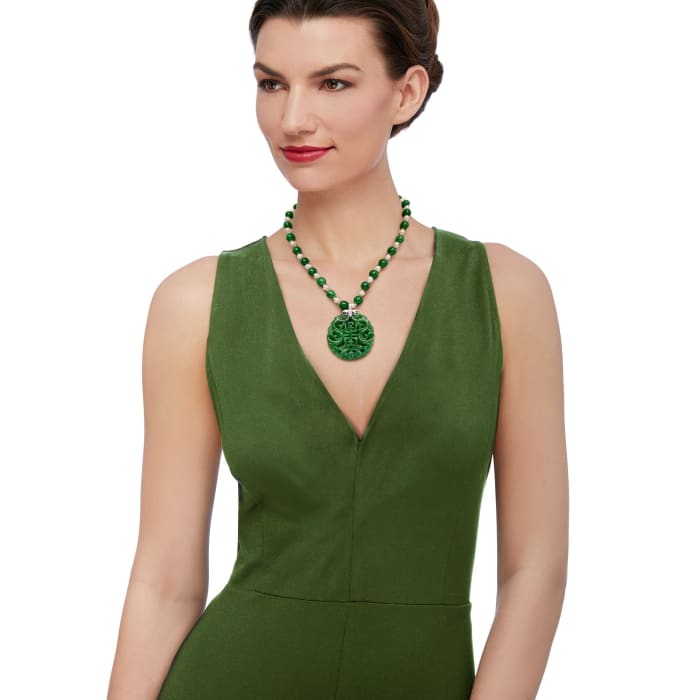 Green Jade Bead and Pendant Necklace with Cultured Pearls and .20 ct. t.w. White Topaz in Sterling Silver 18-inch