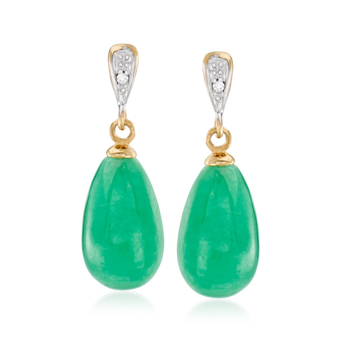 Jade Teardrop Earrings with Diamond Accents in 14kt Yellow Gold