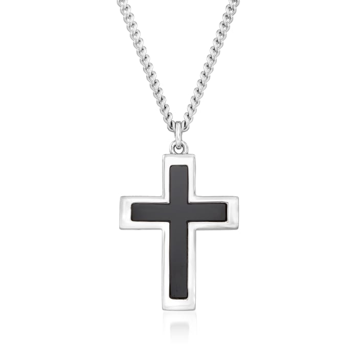 Men's Onyx Cross Pendant Necklace in Sterling Silver and Stainless Steel
