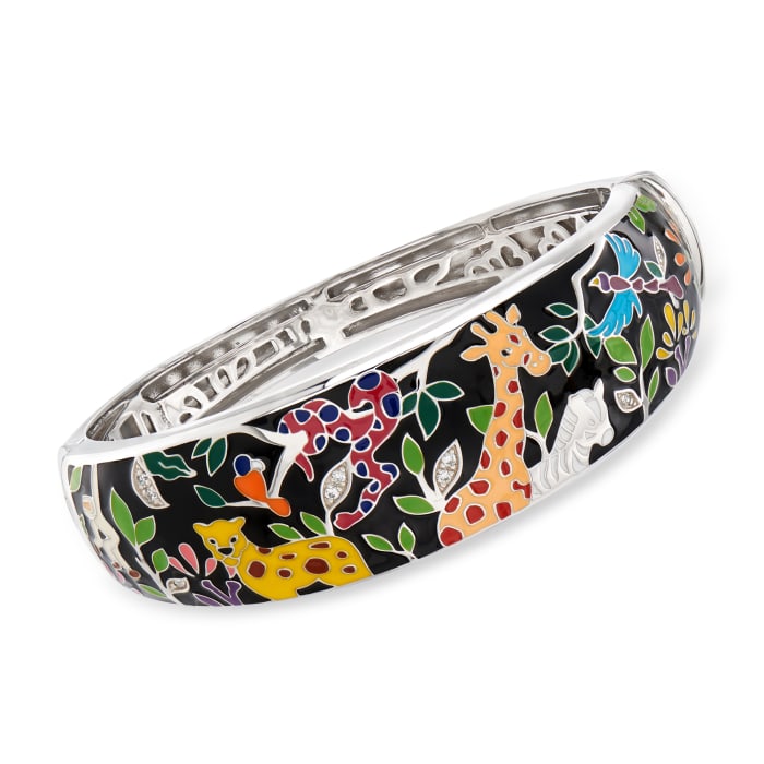 Belle Etoile &quot;Serengeti&quot; Black and Multicolored Enamel Bangle Bracelet in Sterling Silver