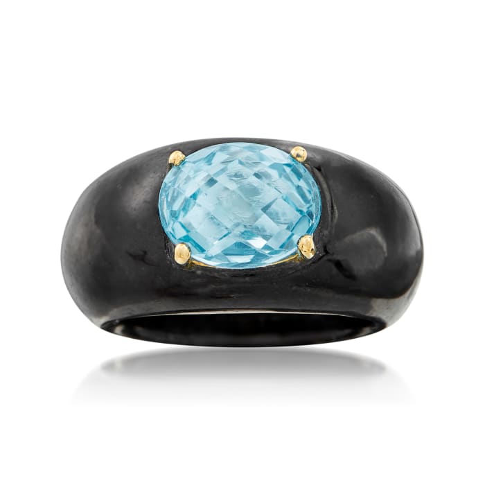 Black Jade and 3.20 Carat Blue Topaz Ring with 14kt Yellow Gold