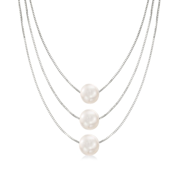 9-9.5mm Cultured Pearl Three-Strand Layered Necklace in Sterling Silver