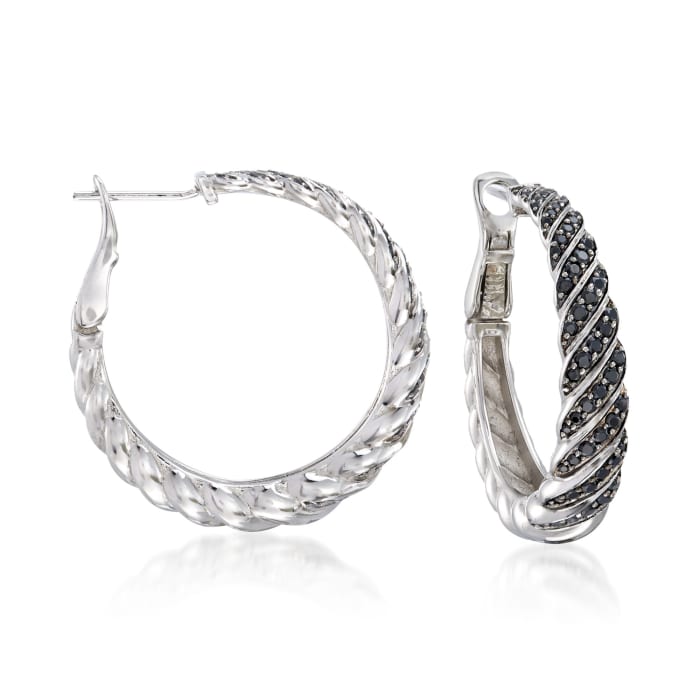 1.00 ct. t.w. Black Spinel Twisted Hoop Earrings in Sterling Silver