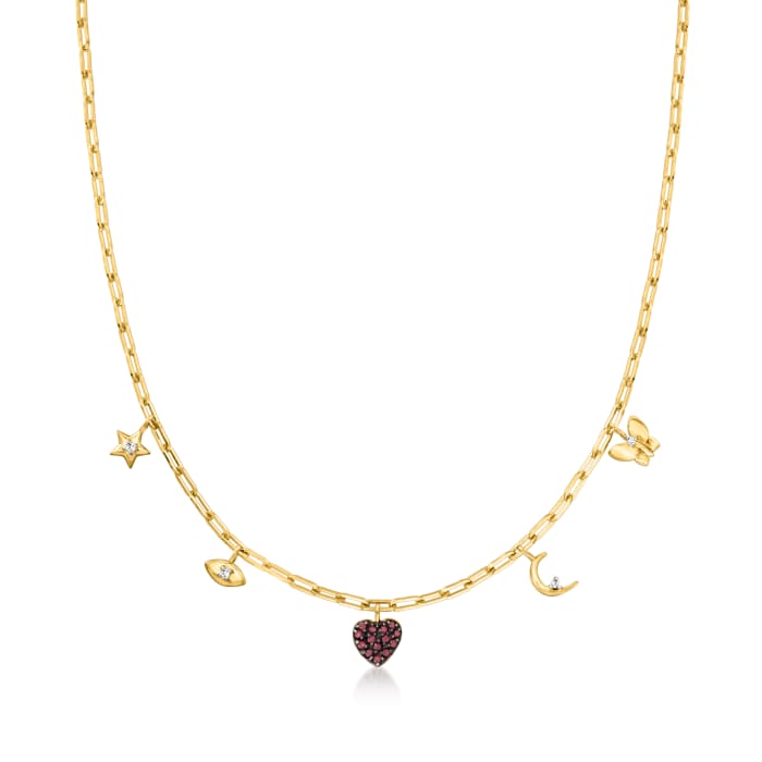 .40 ct. t.w. Ruby Paper Clip Link Charm Necklace with White Zircon Accents in 18kt Gold Over Sterling