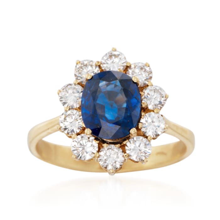 C. 1980 Vintage 1.90 Carat Sapphire and 1.20 ct. t.w. Diamond Ring in 18kt Yellow Gold