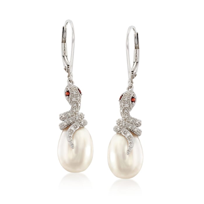 9-9.5mm Cultured Pearl and .10 ct. t.w. Diamond Snake Earrings with Garnet Accents in Sterling Silver