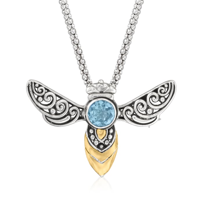 2.00 Carat Sky Blue Topaz Bali-Style Bumblebee Pin/Pendant Necklace in Sterling Silver with 18kt Yellow Gold