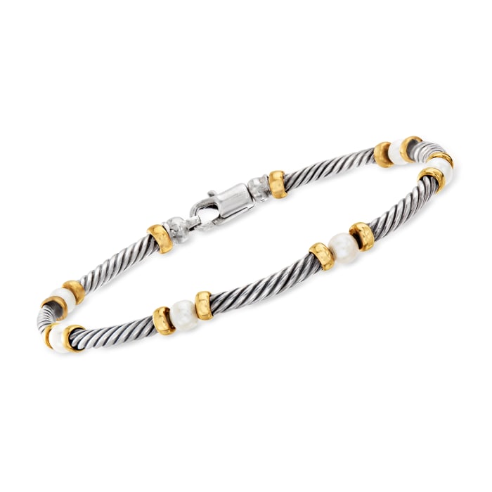 C. 1990 Vintage David Yurman 4mm Cultured Pearl  Bracelet in Sterling Silver and 14kt Yellow Gold