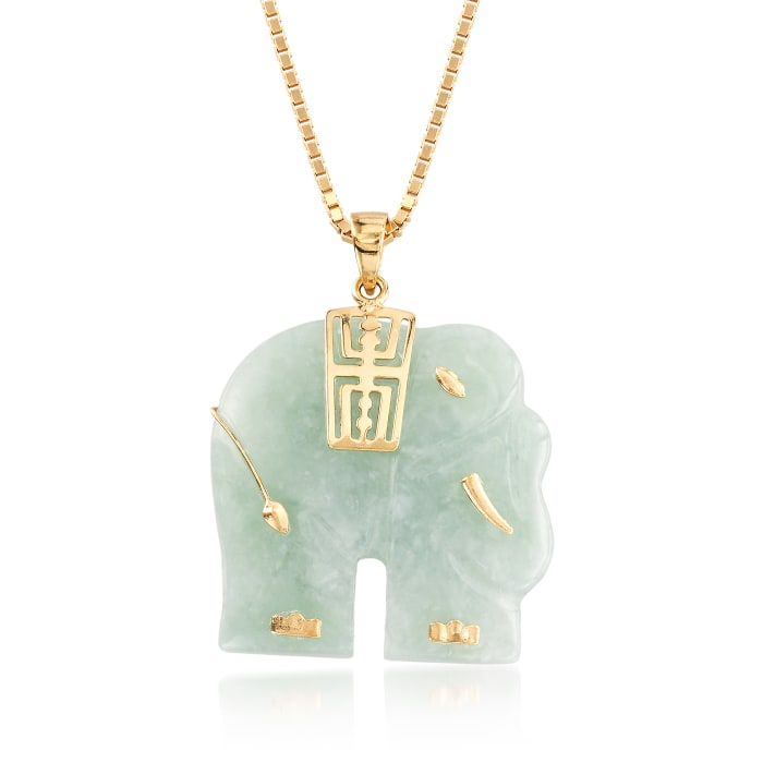 Carved Green Jade Elephant Pendant Necklace in 18kt Gold Over Sterling
