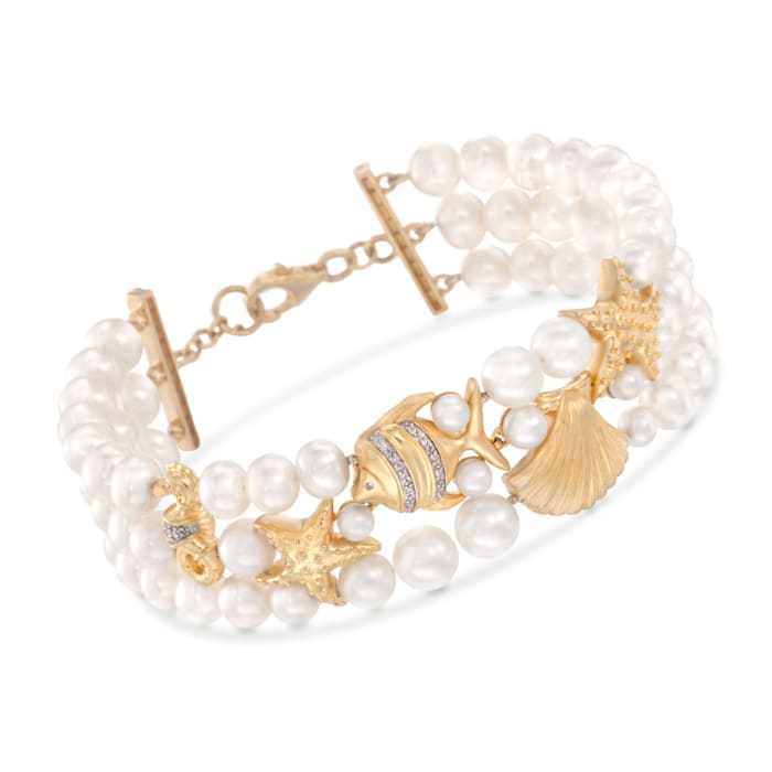 4-7mm Cultured Pearl Sea Life Bracelet with Diamonds in 18kt Gold Over Sterling