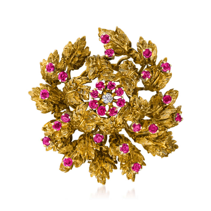 C. 1950 Vintage .15 Carat Diamond and 2.80 ct. t.w. Ruby Floral Pin in 14kt Yellow Gold