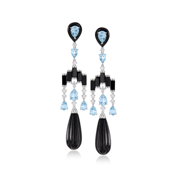 Black Onyx, 4.20 ct. t.w. Aquamarine and .88 ct. t.w. Diamond Chandelier Earrings in 14kt White Gold