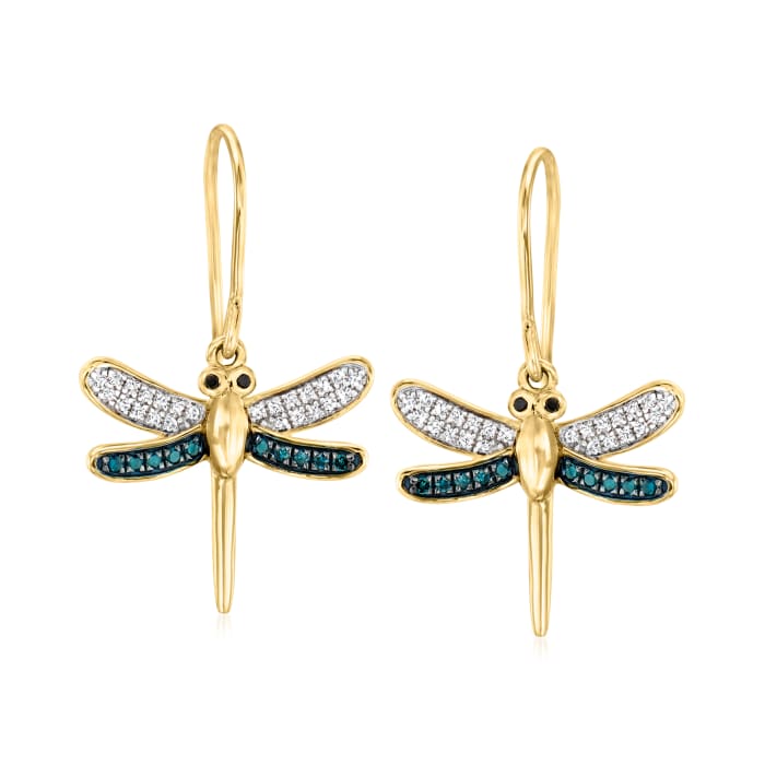 .20 ct. t.w. Multicolored Diamond Dragonfly Drop Earrings in 18kt Gold Over Sterling