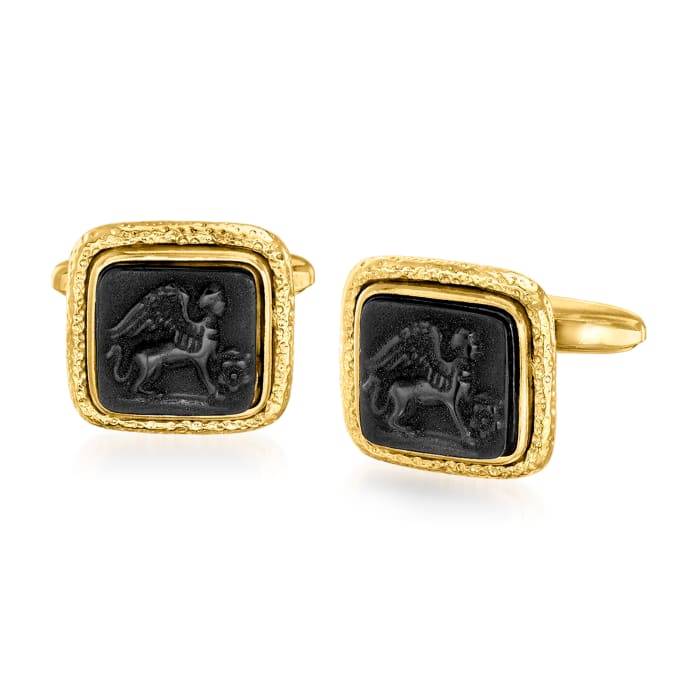 Italian Tagliamonte Black Venetian Glass Cameo-Style Cuff Links in 18kt Gold Over Sterling
