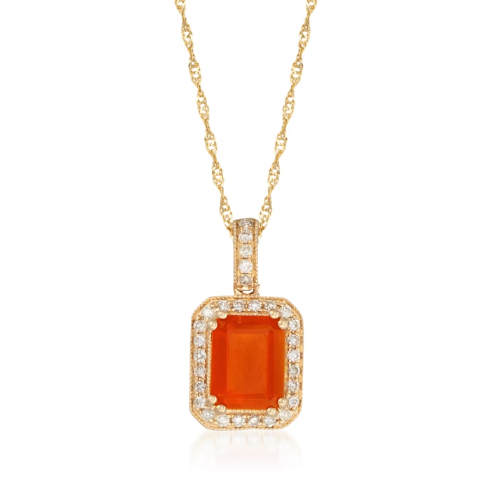 Fire Opal and .16 ct. t.w. Diamond Pendant Necklace in 14kt Yellow Gold