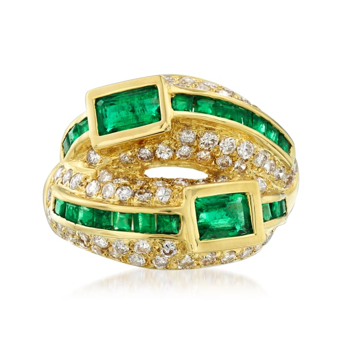 C. 1990 Vintage 1.74 ct. t.w. Emerald and 1.12 ct t.w. Diamond Ring in 18kt Yellow Gold