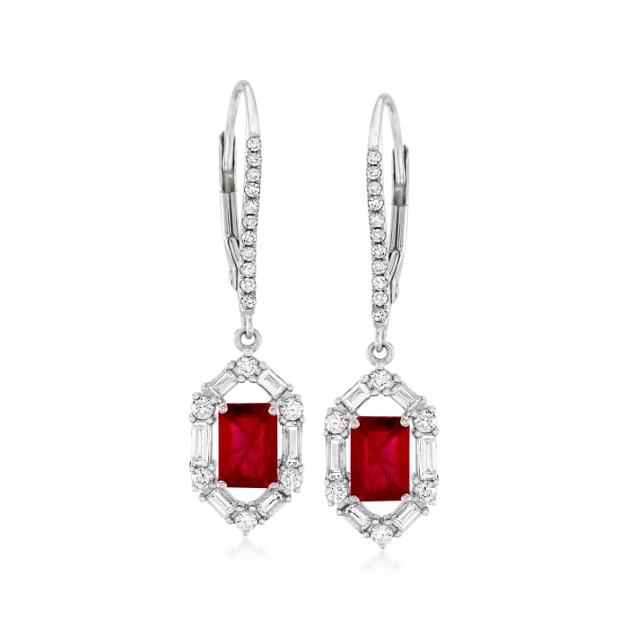 1.40 ct. t.w. Ruby and .63 ct. t.w. Diamond Drop Earrings in 18kt White Gold