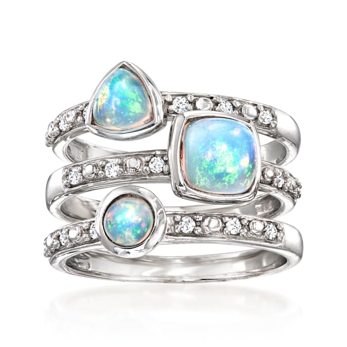 Opal and 22 ct. t.w. Diamond Jewelry Set: Three Stackable Rings in Sterling Silver