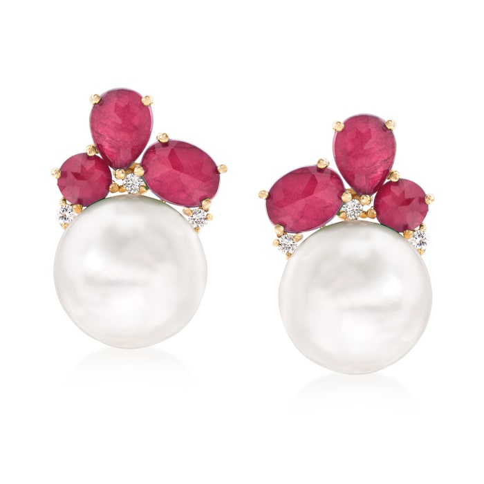 14-14.5mm Cultured Pearl and 1.00 ct. t.w. Ruby Doublet Earrings with .17 ct. t.w. Diamonds in 14kt Yellow Gold
