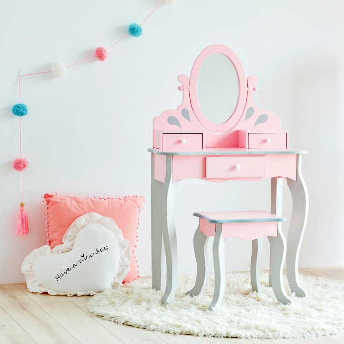 Fantasy Fields &quot;Little Princess&quot; Child's Rapunzel Pink and Gray Vanity and Stool Set