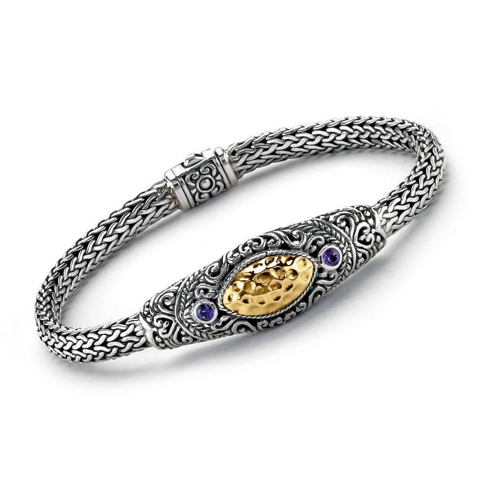 Sterling Silver Bali-Style Bracelet with .20 ct. t.w. Amethyst and 18kt  Yellow Gold. 7.5