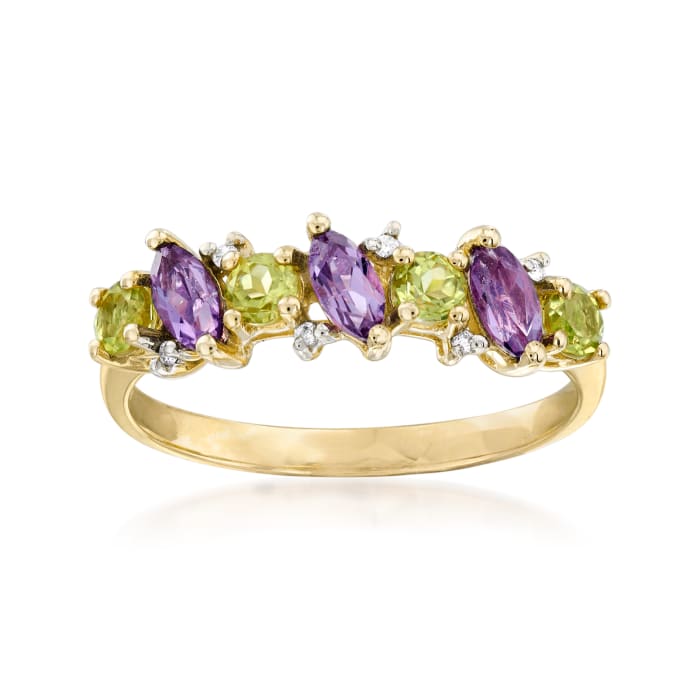 .50 ct. t.w. Peridot and .40 ct. t.w. Amethyst Ring with Diamond Accents in 14kt Yellow Gold