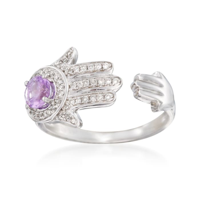 .30 Carat Amethyst and .15 ct. t.w. Diamond Hamsa Hand Cuff Ring in Sterling Silver