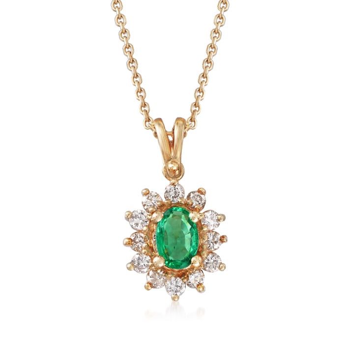 C. 1990 Vintage .35 ct. t.w. Diamonds and .30 Carat Emerald Pendant Necklace in 14kt Yellow Gold