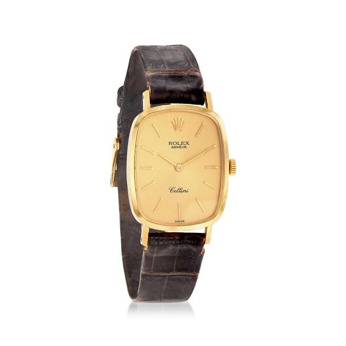C. 1970 Vintage Rolex Cellini Women's 22mm Manual Watch with Black Leather in 18kt Yellow Gold