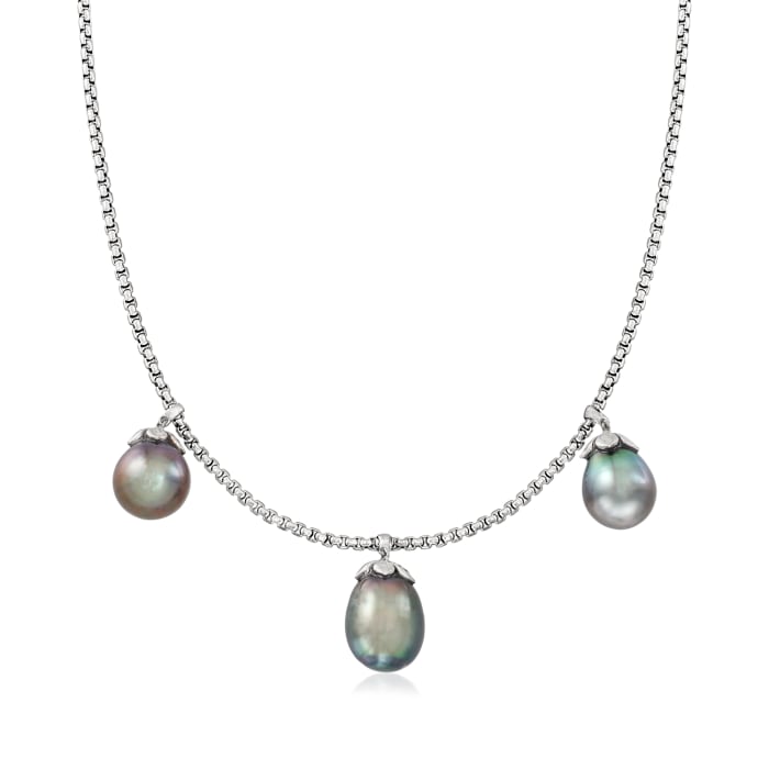 ALOR 11-12mm Black South Sea Pearl Station Necklace in Stainless Steel