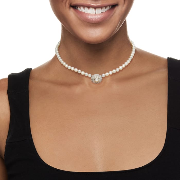 5-6.5mm Cultured Pearl Choker Necklace with .10 ct. t.w. Diamonds in Sterling Silver 13-inch