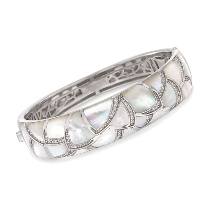 Belle Etoile &quot;Sirena&quot; Mother-Of-Pearl and .80 ct. t.w. CZ Bangle Bracelet in Sterling Silver