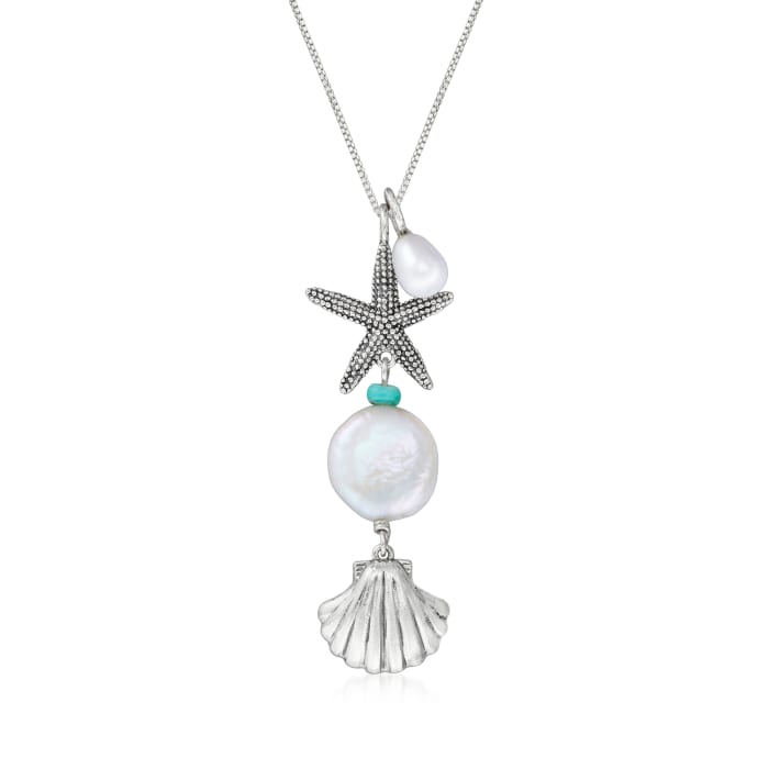 6-6.5mm and 14mm Cultured Coin Pearl and Simulated Turquoise Sea Life Y-Necklace in Sterling Silver