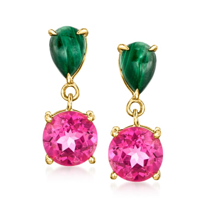 Malachite and 2.00 ct. t.w. Pink Topaz Drop Earrings in 18kt Gold Over Sterling