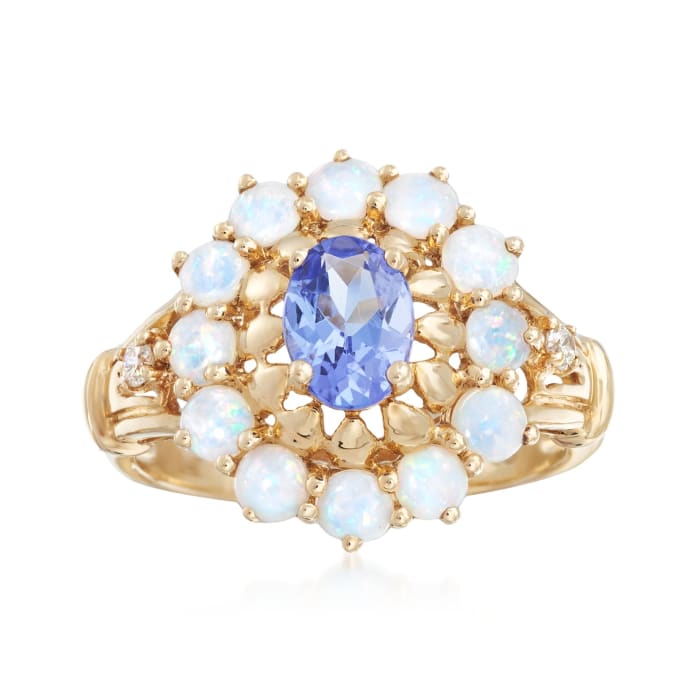 Opal and .75 Carat Tanzanite Ring with Diamond Accents in 14kt Yellow Gold 
