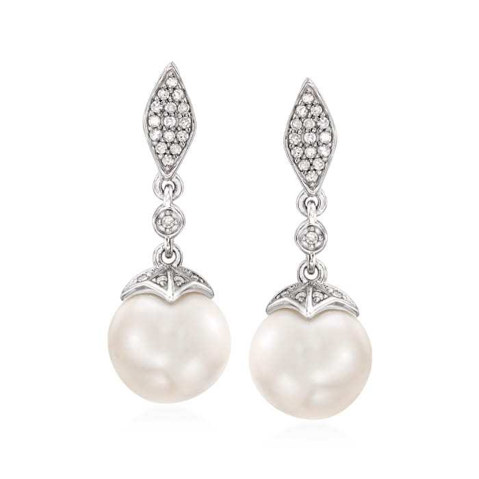 8.5-9mm Cultured Pearl and .13 ct. t.w. Diamond Drop Earrings in Sterling Silver